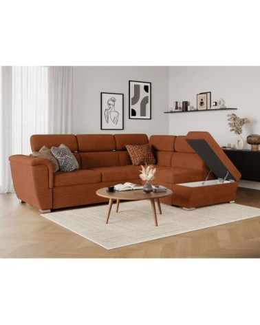 Canapé d'angle droit convertible en velours côtelé terracotta