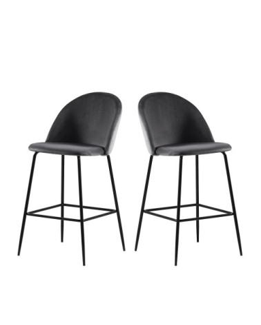 Lot de 2 fauteuils de bar 65cm en velours et pieds noirs gris