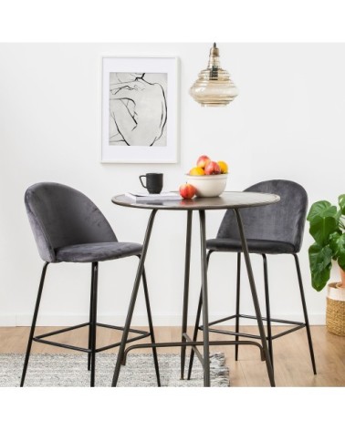 Lot de 2 fauteuils de bar 65cm en velours et pieds noirs gris