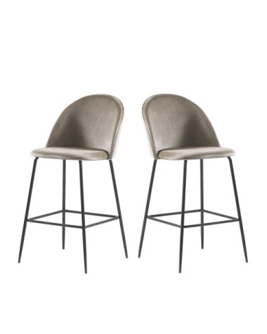 Lot de 2 fauteuils de bar 65cm en velours et pieds noirs taupe