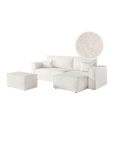 Canapé d'angle réversible avec pouf en tissu bouclette - blanc