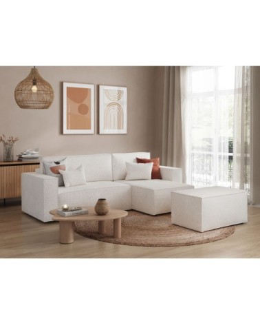 Canapé d'angle réversible avec pouf en tissu bouclette - blanc