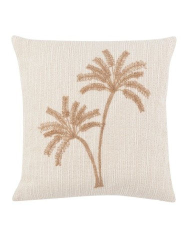 Housse de coussin en coton texturé et jute motif palmier brodé écru 40x40