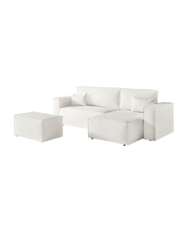 Canapé d'angle réversible avec pouf en tissu bouclette - blanc