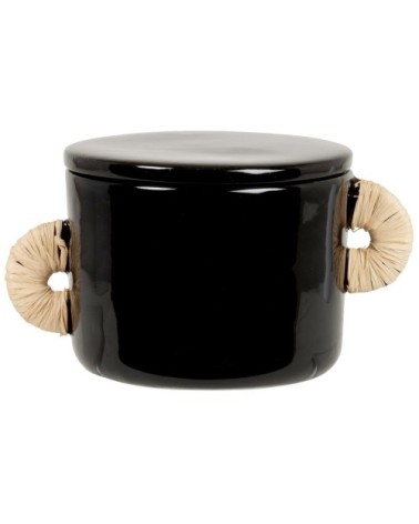 Boîte décorative noir vernis avec anses en raphia beige