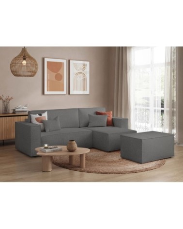 Canapé d'angle réversible avec pouf en tissu bouclette - gris