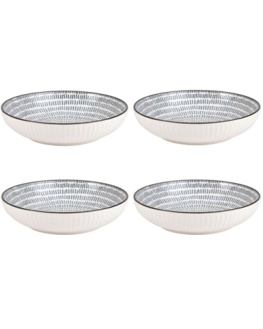 Assiette creuse en grès imprimé traits bleus