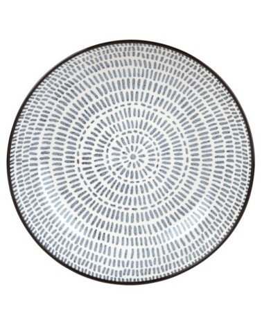 Assiette creuse en grès imprimé traits bleus