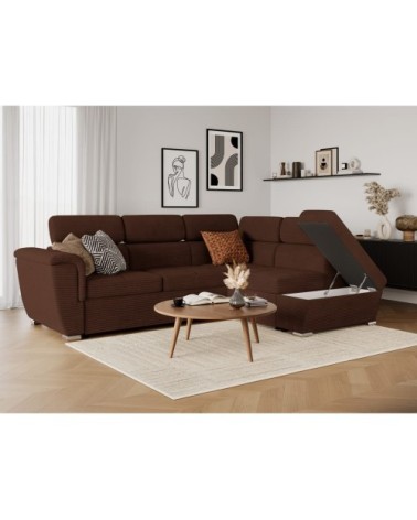 Canapé d'angle droit convertible avec coffre en velours côtelé marron