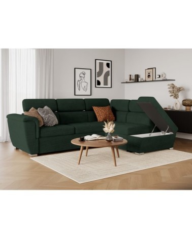 Canapé d'angle droit convertible en velours côtelé vert foncé