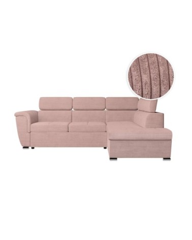 Canapé d'angle droit convertible avec coffre en velours côtelé rose