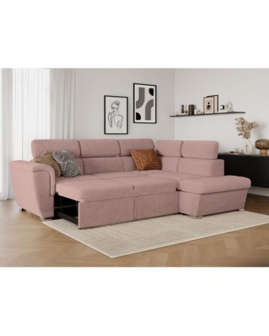 Canapé d'angle droit convertible avec coffre en velours côtelé rose