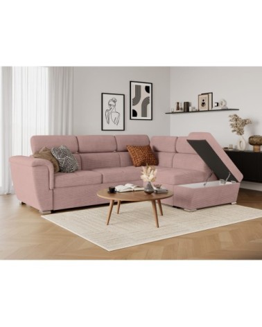 Canapé d'angle droit convertible avec coffre en velours côtelé rose