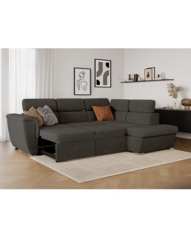 Canapé d'angle droit convertible avec coffre en velours côtelé gris