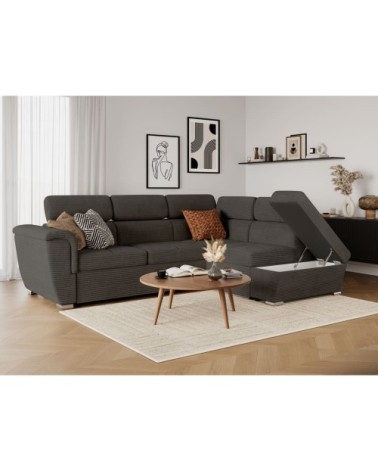 Canapé d'angle droit convertible avec coffre en velours côtelé gris