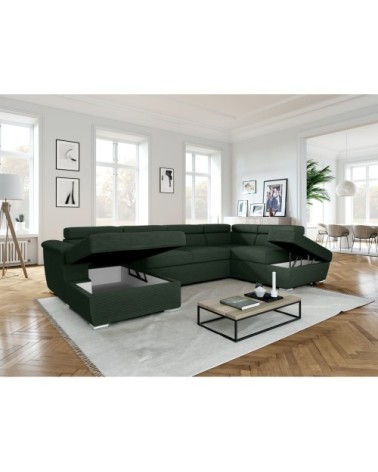 Canapé panoramique convertible 2 coffres en velours côtelé vert foncé