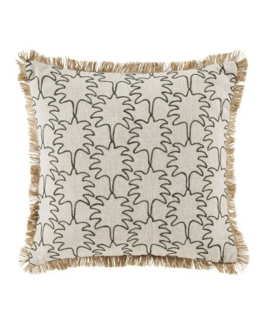 Coussin brodé écru et noir avec franges 45x45