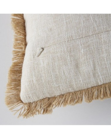 Coussin brodé écru et noir avec franges 45x45