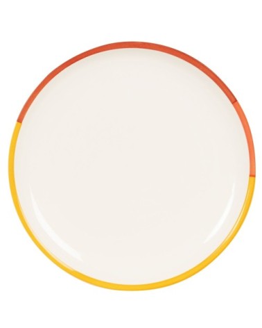 Assiette plate en grès jaune, rouge, et beige