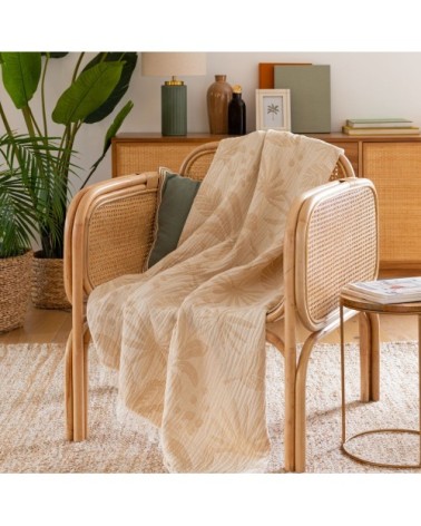 Plaid en coton tissé jacquard à franges imprimé tropical multicolore et écru 130x170