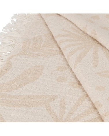 Plaid en coton tissé jacquard à franges imprimé tropical multicolore et écru 130x170