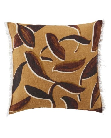 Coussin en lin imprimé caramel et jaune moutarde 45x45
