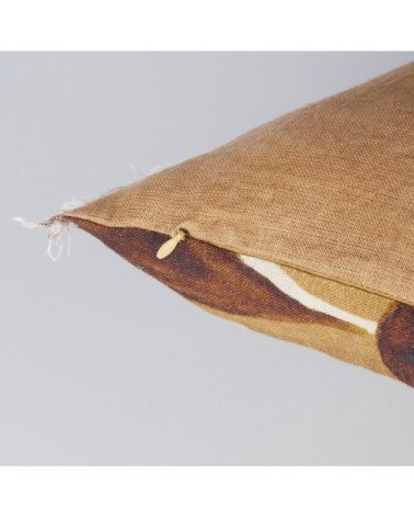 Coussin en lin imprimé caramel et jaune moutarde 45x45