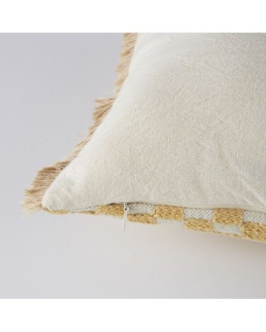 Coussin en coton brodé motifs graphiques écrus et jaunes à franges 50x30