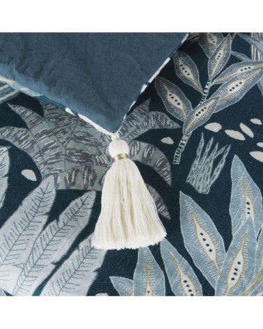 Boutis imprimé multicolore avec pompons écru et liens dorés 200x100