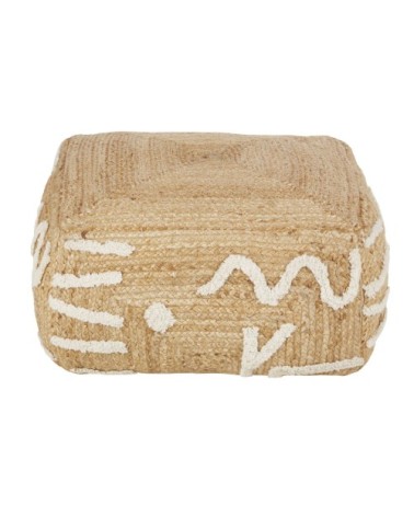 Pouf en chanvre beige et borderies en coton