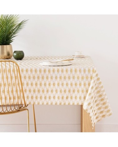 Nappe en coton imprimé graphique beige doré et écru 150x250