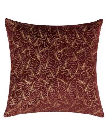 Coussin en velours rouge motifs feuilles dorées 45x45