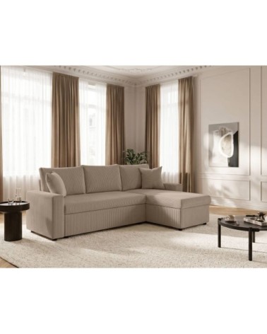 Canapé d'angle convertible coffre marron en velours côtelé - taupe