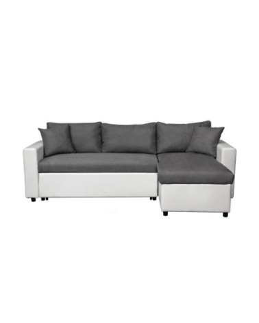 Canapé d'angle convertible coffre marron, simili microfibre blanc/gris