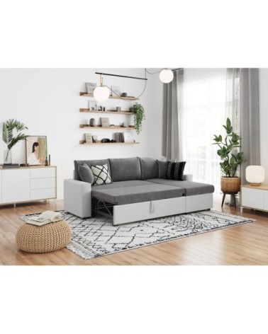 Canapé d'angle convertible coffre marron, simili microfibre blanc/gris
