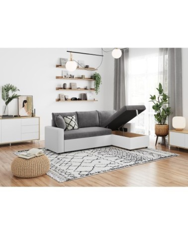 Canapé d'angle convertible coffre marron, simili microfibre blanc/gris