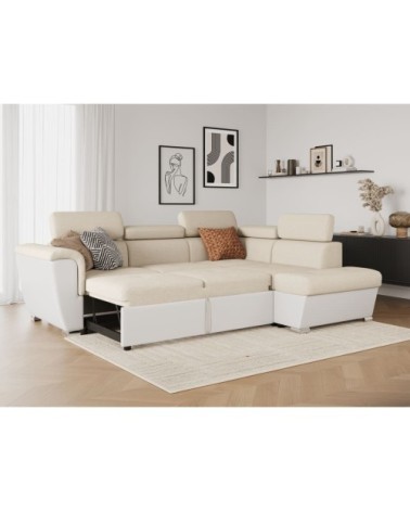 Canapé d'angle droit convertible 4 places, tissu easy clean et simili