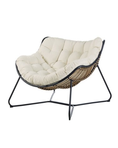 Fauteuil de jardin en résine imitation rotin, métal noir et coussins écrus