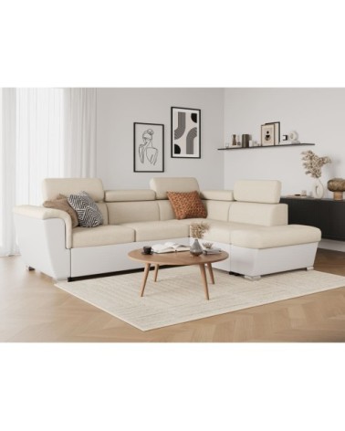Canapé d'angle droit convertible 4 places, tissu easy clean et simili