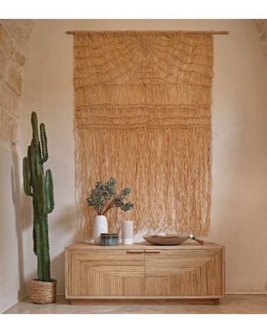 Déco murale en fibre végétale tressée beige et bois de bouleau 150x200