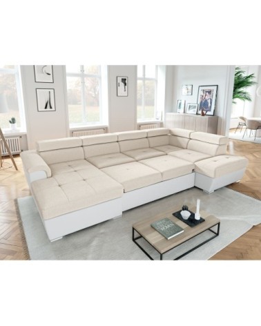 Canapé panoramique convertible, 2 coffres, tissu easy clean et simili