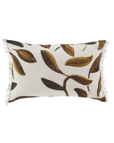 Coussin en lin imprimé végétal écru et marron caramel 40x60