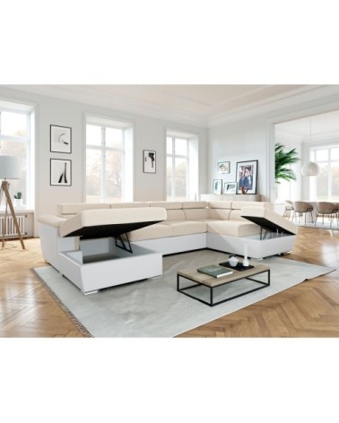 Canapé panoramique convertible, 2 coffres, tissu easy clean et simili