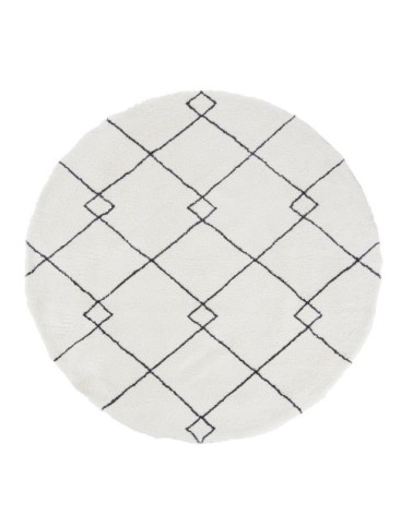 Tapis rond tufté blanc motif berbère noir D180