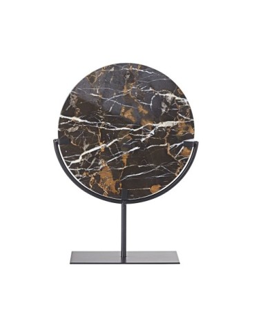 Statuette disque en marbre marron et métal noir H40