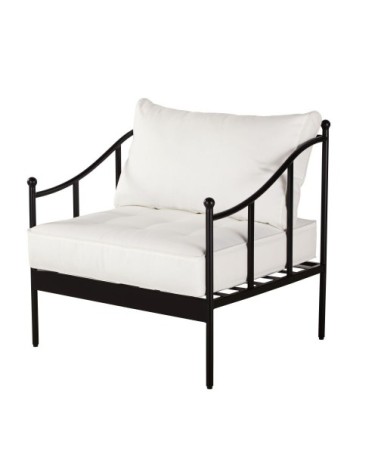 Fauteuil de jardin en acier noir et coussins blanc cassé