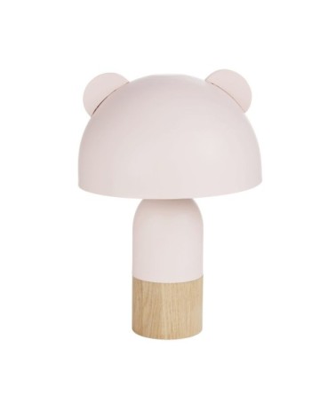 Lampe abat-jour rose en métal oreilles en bois avec pied bicolore écru et bois H25