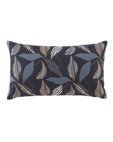 Coussin motifs feuilles gris, gris anthracite, jaune moutarde et écrues 50x30