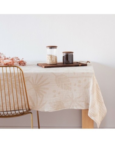 Nappe en gaze de coton motifs palmiers tissés jacquard écrus et beiges 140x250