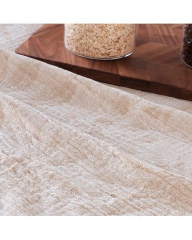 Nappe en gaze de coton motifs palmiers tissés jacquard écrus et beiges 140x250